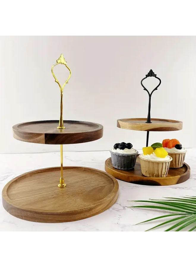 Golden Double Layer Acacia Wood Cake Stand Dessert Tray With Metal Handles - Image 5