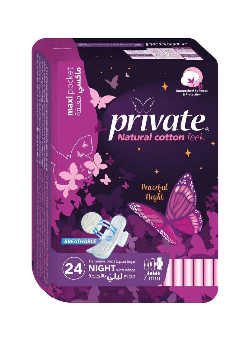 Private Natural Cotton Feel Maxi Pocket Feminine Pads Night With Wings 24 Pads - Image 1