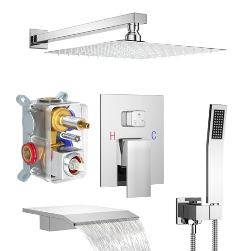 Fatspas Shower System with Tub Spout, Wall Mounted Shower Faucet Set for Bathroom with 10 Inch Rain Shower Head and Handheld Shower Head Set, Polished Chrome - Image 1
