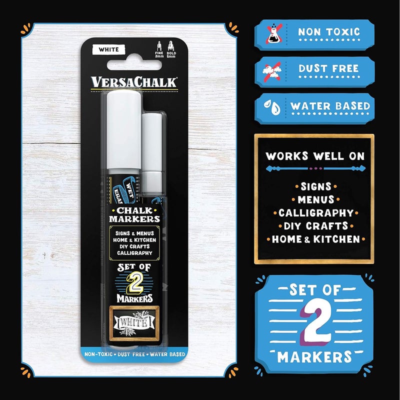 VersaChalk White Liquid Chalk Markers for Blackboards (Set of 2 | Bold and Fine Tip) - Erasable Washable Chalk Pens for Chalkboard Signs, Windows, Glass, Events, Schools, Office Supplies, and Business - Image 2