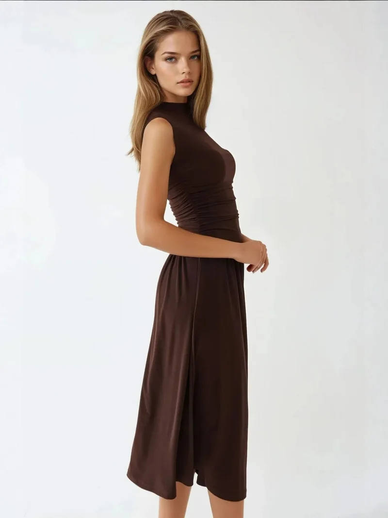 زوبعة فستان ميدي مريح بياقة دائرية