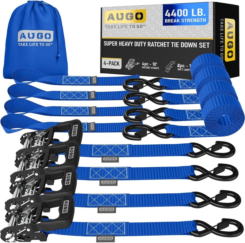 AUGO Heavy Duty Ratchet Straps & Soft Loops – Pack of 4 Extra Strong 1.5” by 10’ Ratchet Straps w/S-Hook Safety Latches & 4 Soft Loop Tie Downs – 4400Lb Break Strength for Motorcycles, ATVs, Etc. - Image 1