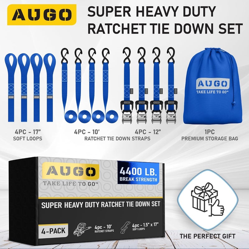 AUGO Heavy Duty Ratchet Straps & Soft Loops – Pack of 4 Extra Strong 1.5” by 10’ Ratchet Straps w/S-Hook Safety Latches & 4 Soft Loop Tie Downs – 4400Lb Break Strength for Motorcycles, ATVs, Etc. - Image 4
