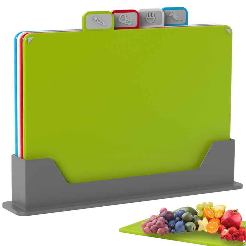 ZENO Plastic Chopping Board Set  Set of 4 Coloured Chopping Boards with Stand  Non Slip Cutting Boards  Thick Chopping Boards for Kitchen Cooking Equipment  Food Icons  Dishwasher Safe  BPAFree