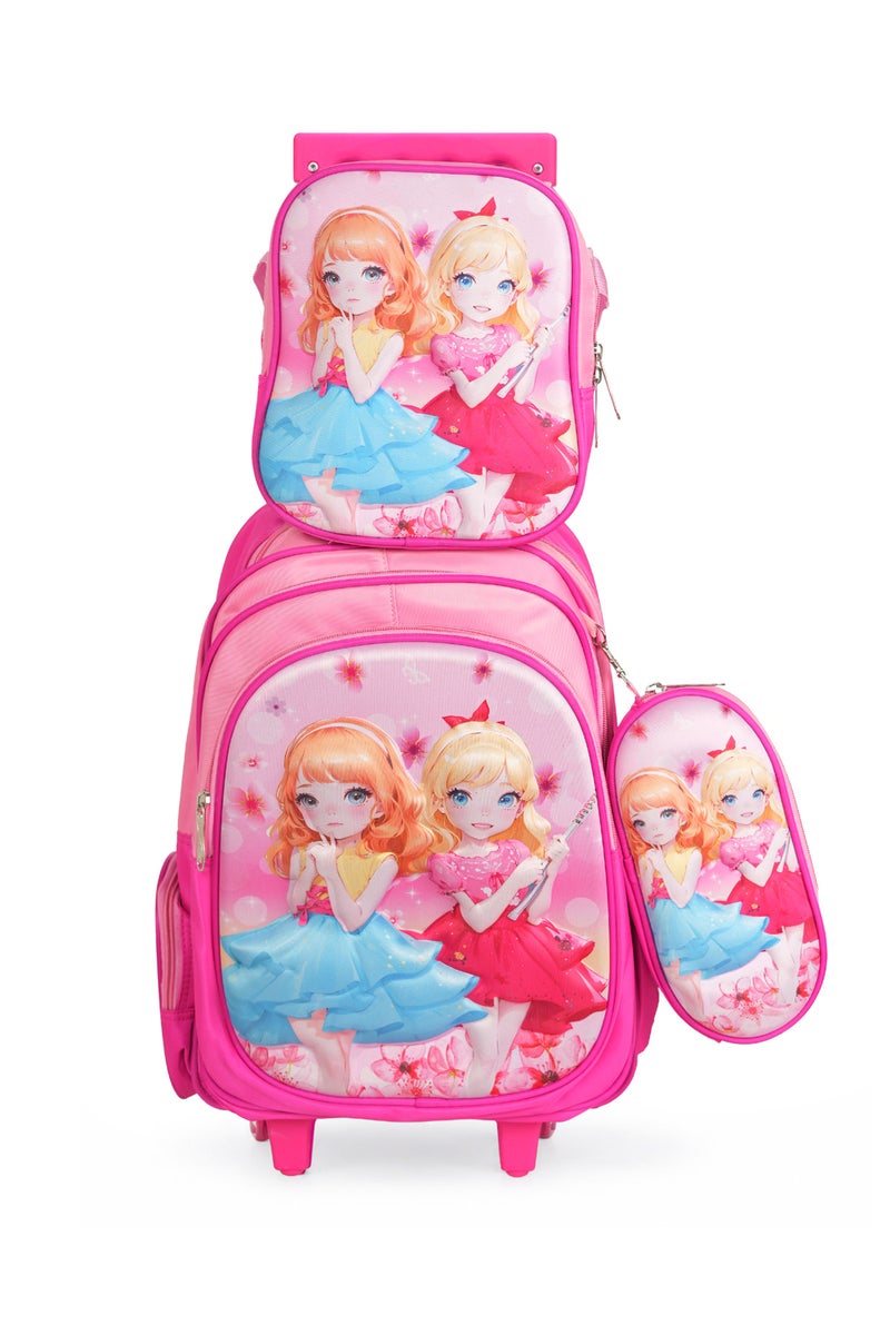 KTMC 3D Cartoon Dancing Girl Triple Set Pen Bag, Lunch Bag, School Trolley Bag for Baby Girls- Fuschia & Pink 9906