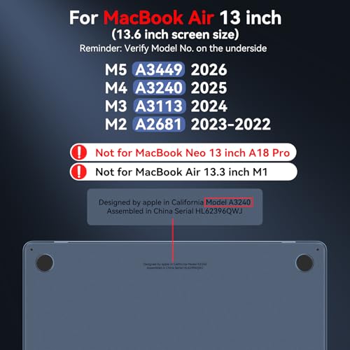 BlueSwan Anti-Cracking Case for MacBook Air 13 inch, M5 2026 M4 M3 M2 2025-2022 A3449 A3240 A3113 A2681, Drop Protection Soft TPU Bumper PC Base for Air 13.6 inch, Frosted Midnight - Image 2