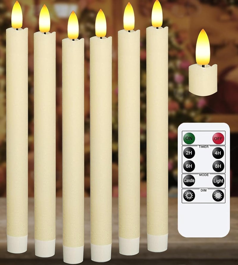 KSWING Upgraded Real Wax LED Flameless Taper Candles with Remote, 6 PCS Ivory Candlesticks Battery Operated 3D Flickering - 9.6" Long Realistic Fake Candle Sticks for Home/Wedding/Fireplace Xmas Decor - Image 1