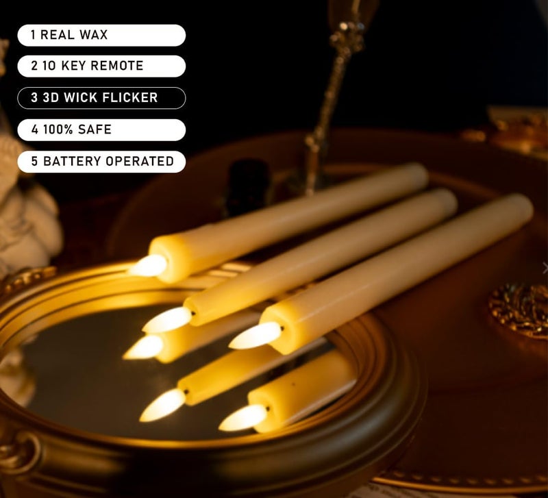 KSWING Upgraded Real Wax LED Flameless Taper Candles with Remote, 6 PCS Ivory Candlesticks Battery Operated 3D Flickering - 9.6" Long Realistic Fake Candle Sticks for Home/Wedding/Fireplace Xmas Decor - Image 3