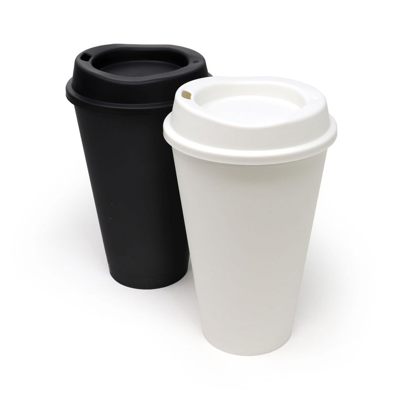 Rolling Sands USA Made 16 oz Reusable Coffee Cups with Lids 2 Pk  To Go Travel Cups  Hot or Cold Drinks  Dishwasher and Microwave Safe  Black and White - Image 1