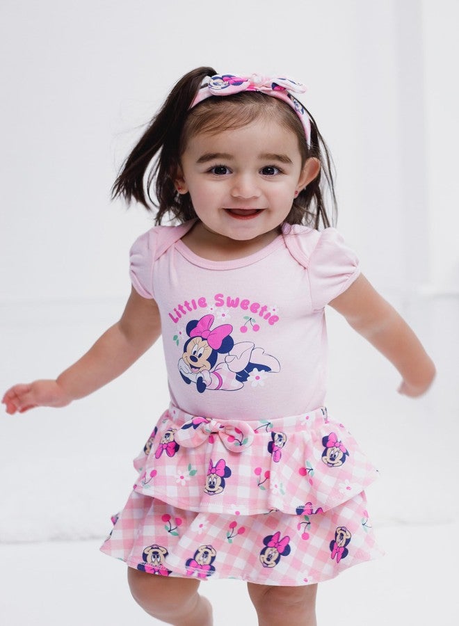 Disney Minnie Mouse Newborn Baby Girls Bodysuit, Skirt and Headband 3 Piece Outfit Set Gingham Pink 0-3 Months - Image 2