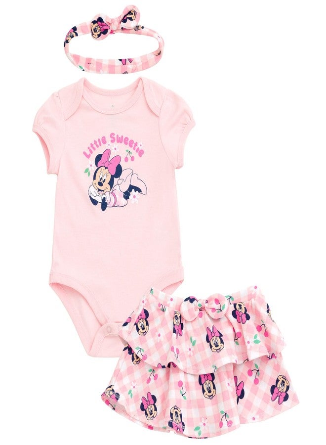 Disney Minnie Mouse Newborn Baby Girls Bodysuit, Skirt and Headband 3 Piece Outfit Set Gingham Pink 0-3 Months - Image 1