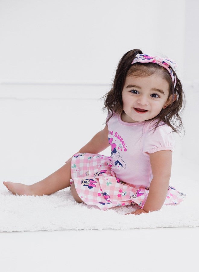 Disney Minnie Mouse Newborn Baby Girls Bodysuit, Skirt and Headband 3 Piece Outfit Set Gingham Pink 0-3 Months - Image 4