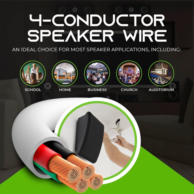 GearIT GearIT 16/4 Speaker Wire (100 Feet) 16AWG Gauge - Fire Safety in Wall Rated Audio Speaker Wire Cable / CL2 Rated / 4 Conductors - OFC Oxygen-Free Copper, White 100ft  - Image 4