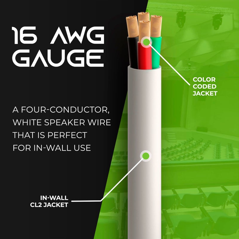 GearIT GearIT 16/4 Speaker Wire (100 Feet) 16AWG Gauge - Fire Safety in Wall Rated Audio Speaker Wire Cable / CL2 Rated / 4 Conductors - OFC Oxygen-Free Copper, White 100ft  - Image 2