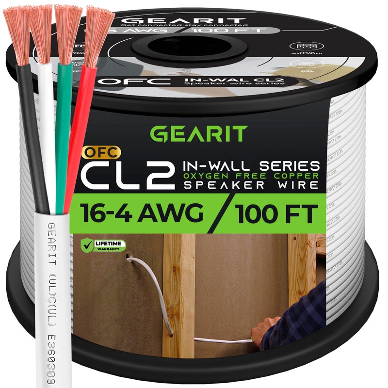 GearIT GearIT 16/4 Speaker Wire (100 Feet) 16AWG Gauge - Fire Safety in Wall Rated Audio Speaker Wire Cable / CL2 Rated / 4 Conductors - OFC Oxygen-Free Copper, White 100ft  - Image 1