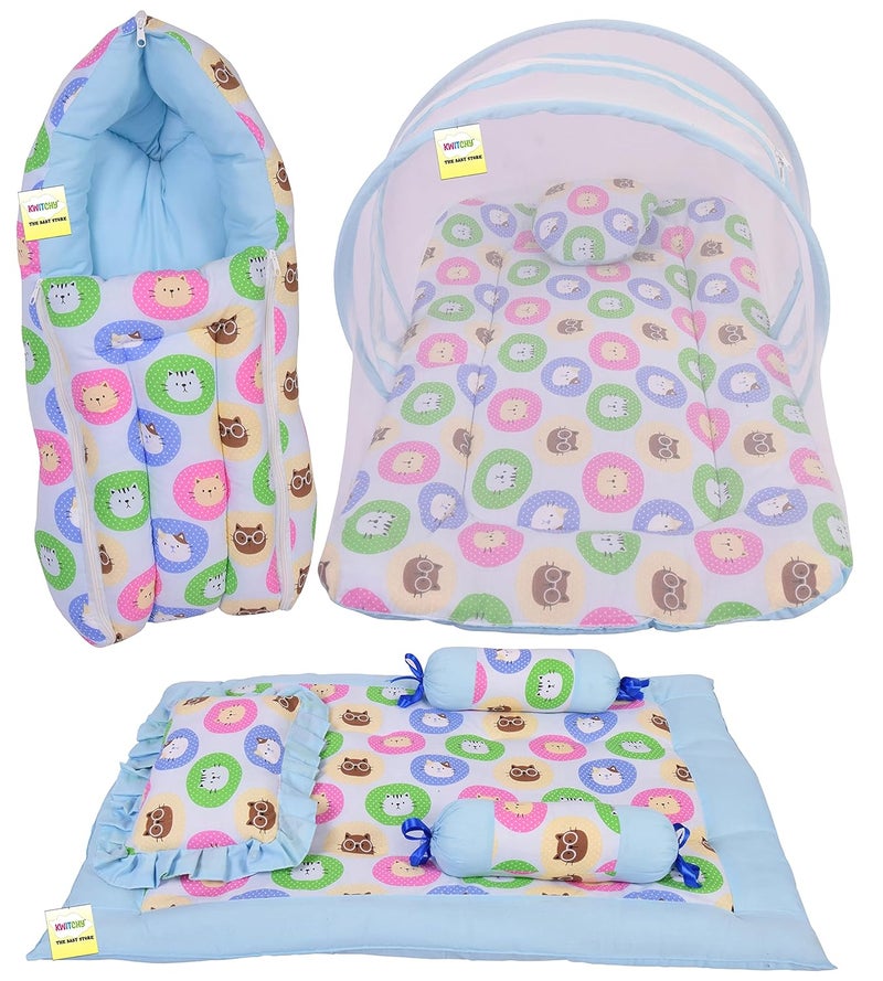 Kwitchy New Born Baby Bedding Combo of Mattress with Net Sleeping Bag 4 Pcs Gadda Set 06 Months Blue 3PCS Set - Image 1