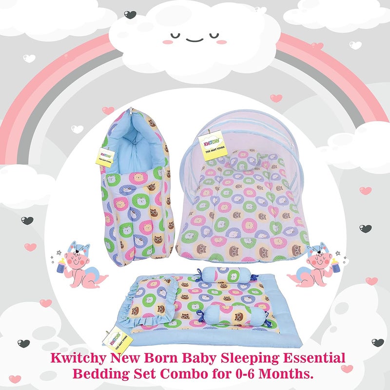 Kwitchy New Born Baby Bedding Combo of Mattress with Net Sleeping Bag 4 Pcs Gadda Set 06 Months Blue 3PCS Set - Image 2