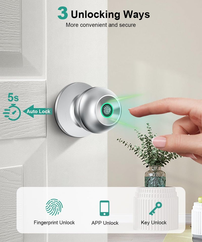 KLLOQUE Fingerprint Door Lock, Smart Fingerprint Door Knob with Lock, Biometric Door Knob with App Control & Key, Keyless Thumbprint Entry Door Locks for Bedroom, Front Door, Home and Garages-Polished Silver - Image 2