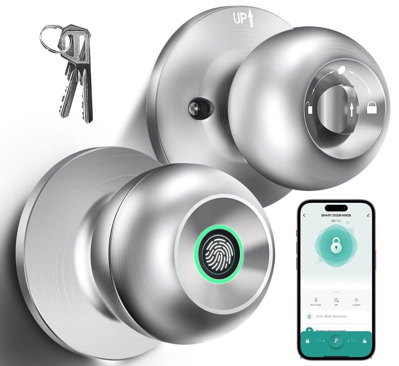 KLLOQUE Fingerprint Door Lock, Smart Fingerprint Door Knob with Lock, Biometric Door Knob with App Control & Key, Keyless Thumbprint Entry Door Locks for Bedroom, Front Door, Home and Garages-Polished Silver - Image 1