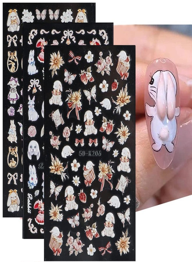 SINSEN Easter Nail Art Stickers Cute Bunny Nail Decals, 3Sheets 5D Embossed Easter Day Nail Art Supplies Cartoon Rabbit Butterfly Flower Nail Stickers for Acrylic Nails Women Easter Nail Decorations - Image 1