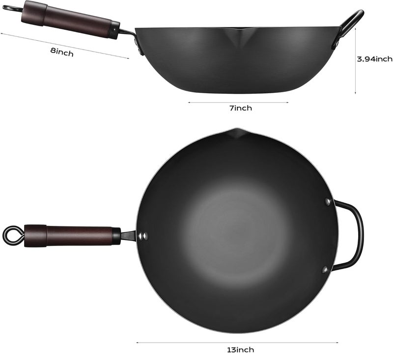 FGJ Wok, 13 Inch carbon steel wok pan with steamer & stir-fry pans nonstick, Pre-Seasoned 5.8QT Flat Bottom Chinese Woks Paella Pan with lid, Carbon Steel Cookware, Compatible with All Cooktops - Image 2