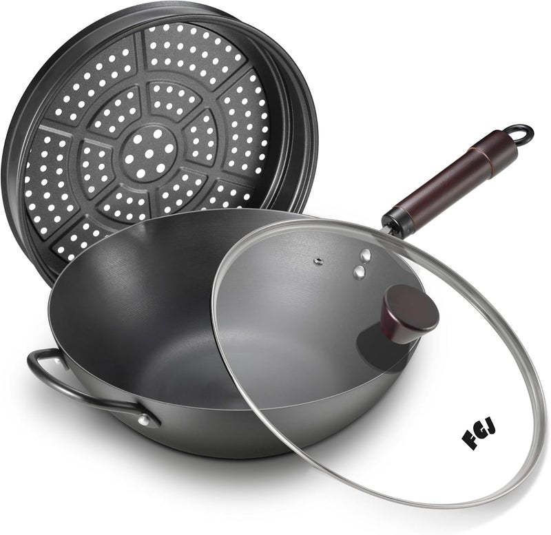 FGJ Wok, 13 Inch carbon steel wok pan with steamer & stir-fry pans nonstick, Pre-Seasoned 5.8QT Flat Bottom Chinese Woks Paella Pan with lid, Carbon Steel Cookware, Compatible with All Cooktops - Image 1