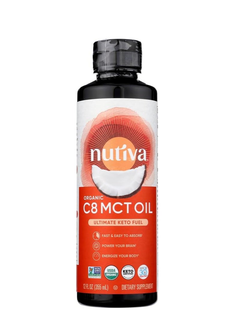 Nutiva Organic C8 MCT Oil, Ultimate Keto Fuel from Non-GMO Coconuts, 14g MCT 12 Fl Oz, USDA Organic, Whole 30, Vegan & Gluten-Free, Energy Boost to Coffee, Shakes and Salads  - Image 1