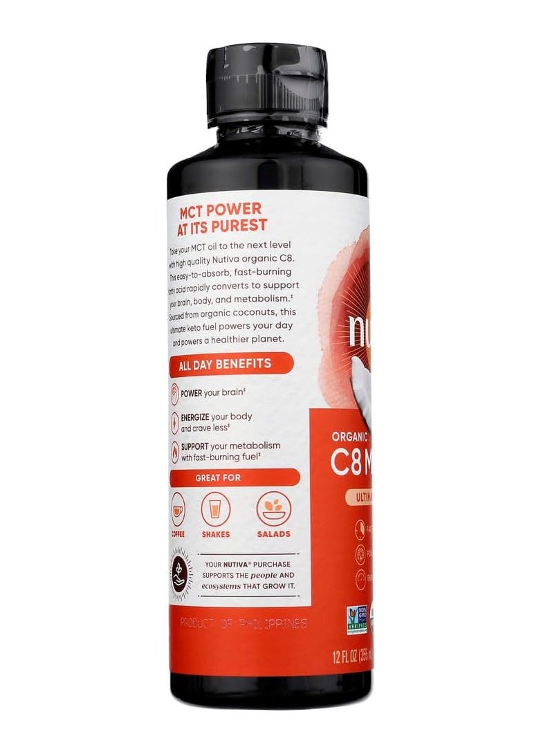 Nutiva Organic C8 MCT Oil, Ultimate Keto Fuel from Non-GMO Coconuts, 14g MCT 12 Fl Oz, USDA Organic, Whole 30, Vegan & Gluten-Free, Energy Boost to Coffee, Shakes and Salads  - Image 2