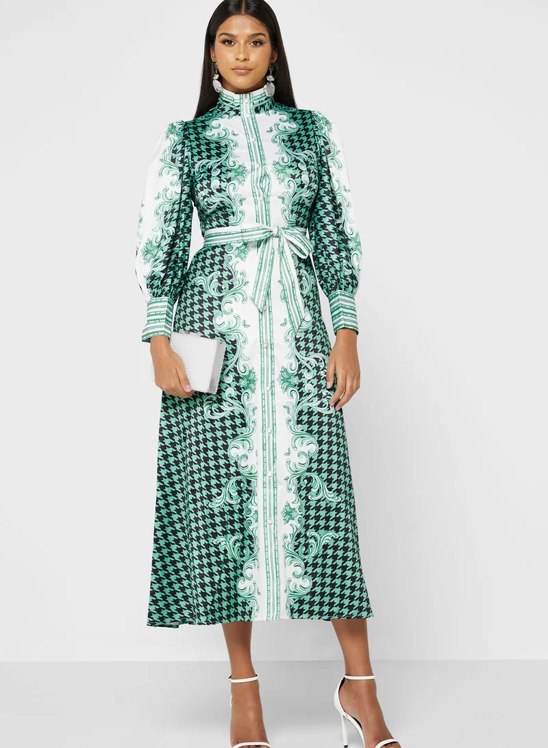 Khizana Splice Print Button Down Dress