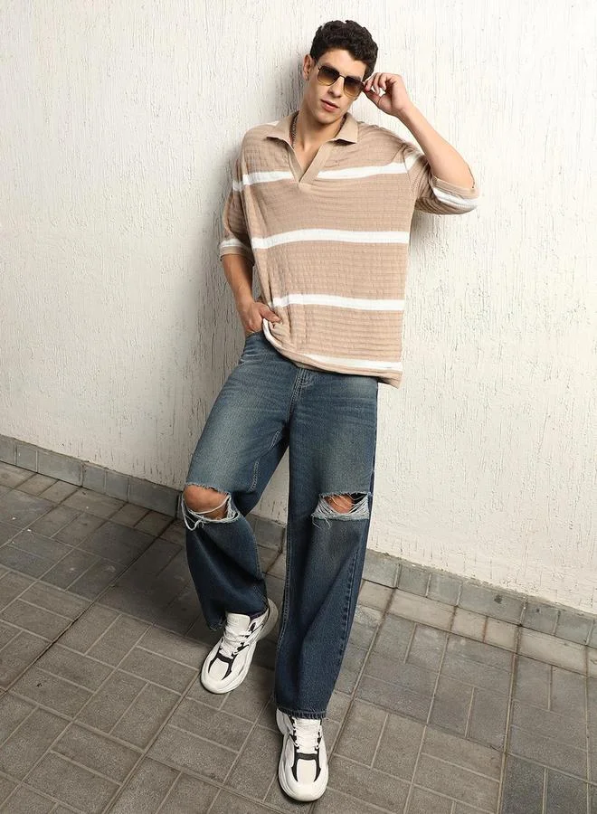 Hubberholme Hubberholme Textured Striped Polo Neck Oversized T-Shirt