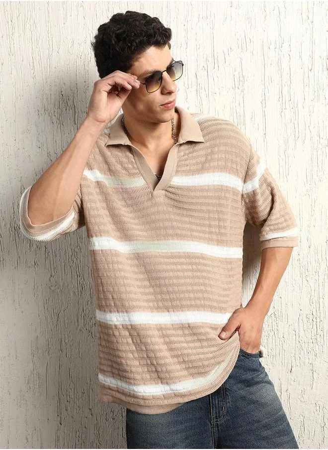 هوبرهولمي Textured Striped Polo Neck Oversized T-Shirt by Styli