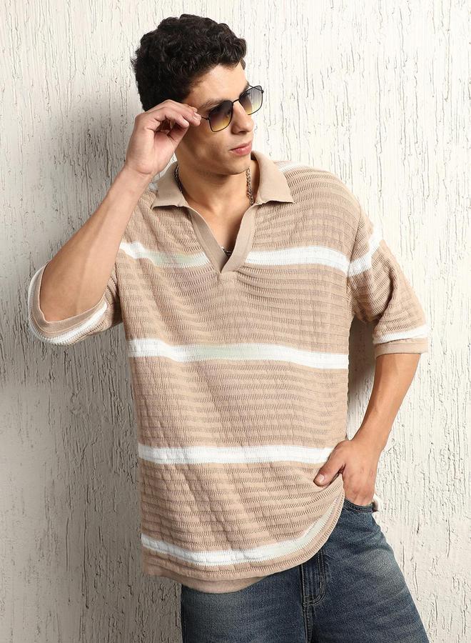 Hubberholme Textured Striped Polo Neck Oversized T-Shirt - Image 1