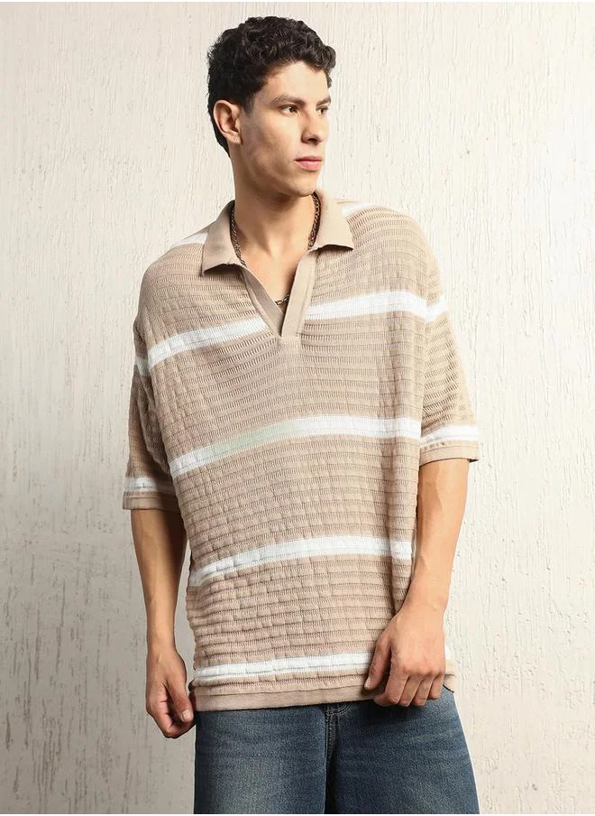 هوبرهولمي Textured Striped Polo Neck Oversized T-Shirt by Styli