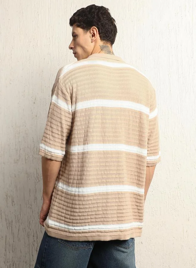 Hubberholme Hubberholme Textured Striped Polo Neck Oversized T-Shirt
