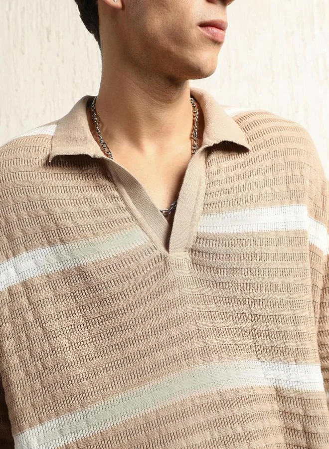 Hubberholme Hubberholme Textured Striped Polo Neck Oversized T-Shirt