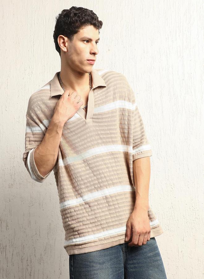 Hubberholme Textured Striped Polo Neck Oversized T-Shirt - Image 3