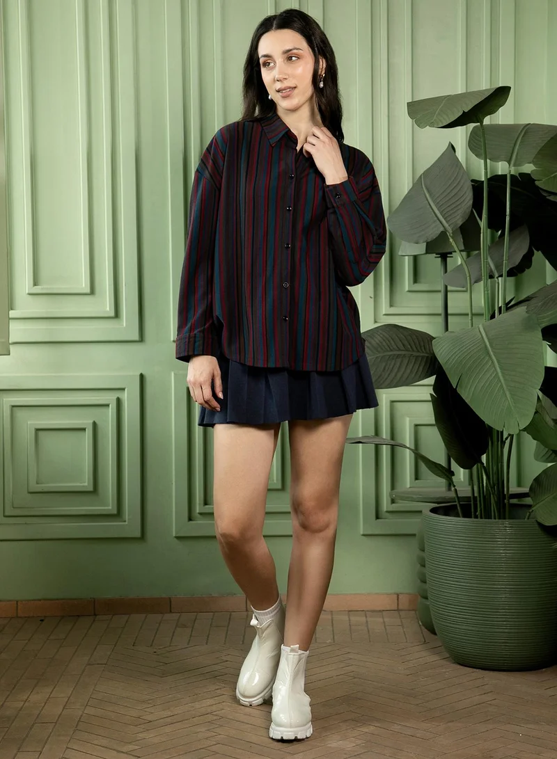 PINACOLADA  Women's Crimson Red:Midnight Blue Jamaican-Striped Oversized Shirt for Women | Best Price UAE