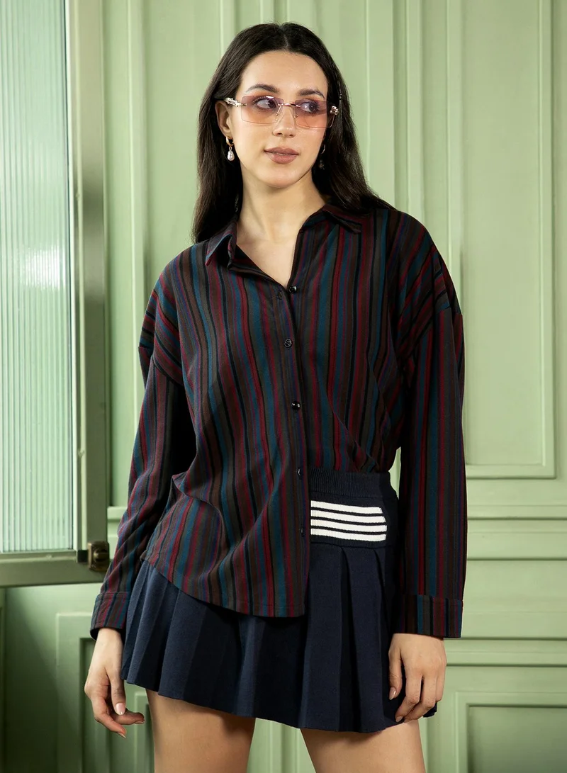 بينيا كولادا قميص نسائي مخطط جامايكي واسع بياقة عادية وأكمام طويلة بأزرار