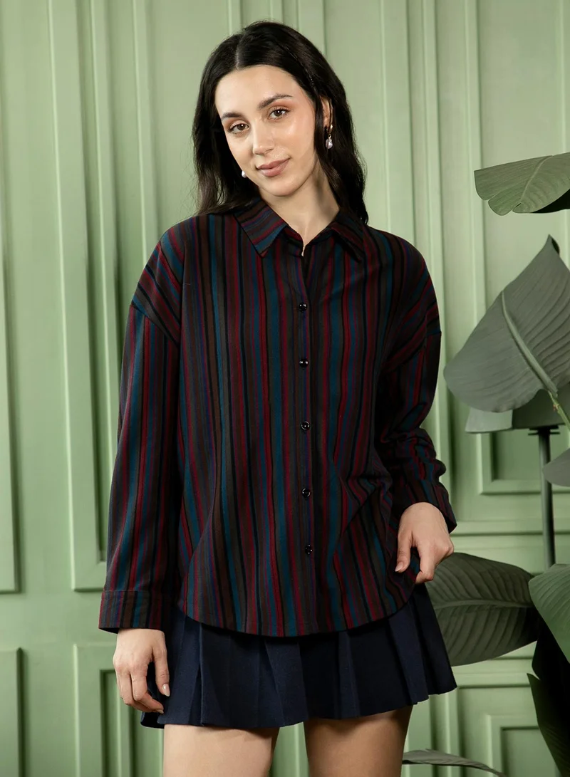 بينيا كولادا قميص نسائي مخطط جامايكي واسع بياقة عادية وأكمام طويلة بأزرار