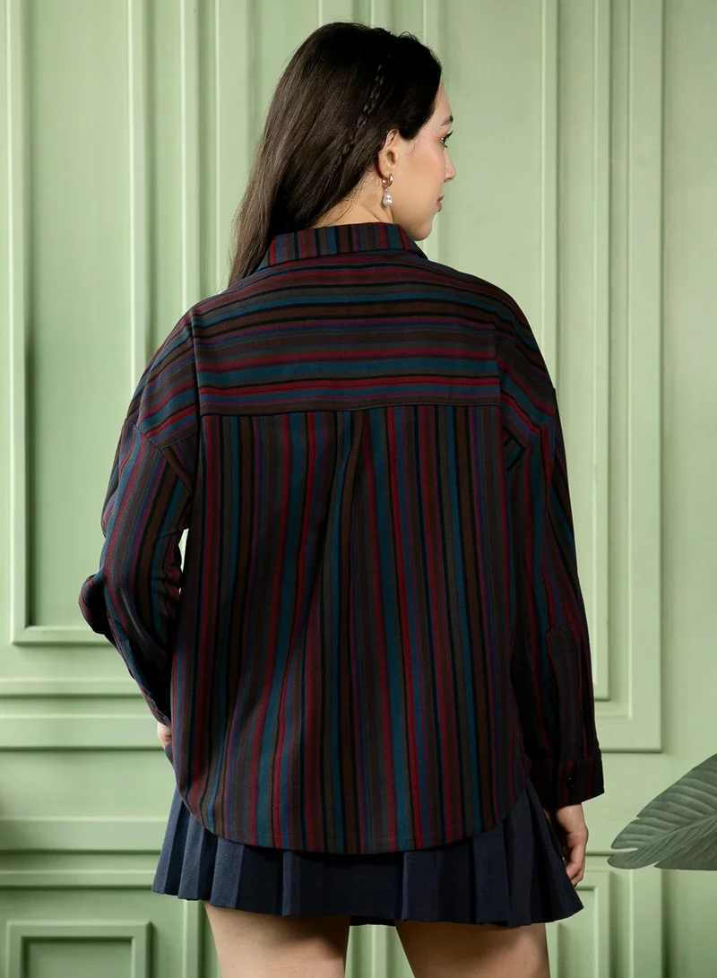 PINACOLADA  Women's Crimson Red:Midnight Blue Jamaican-Striped Oversized Shirt for Women | Best Price UAE