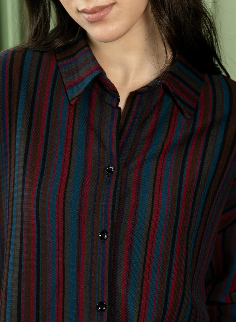 PINACOLADA  Women's Crimson Red:Midnight Blue Jamaican-Striped Oversized Shirt for Women | Best Price UAE