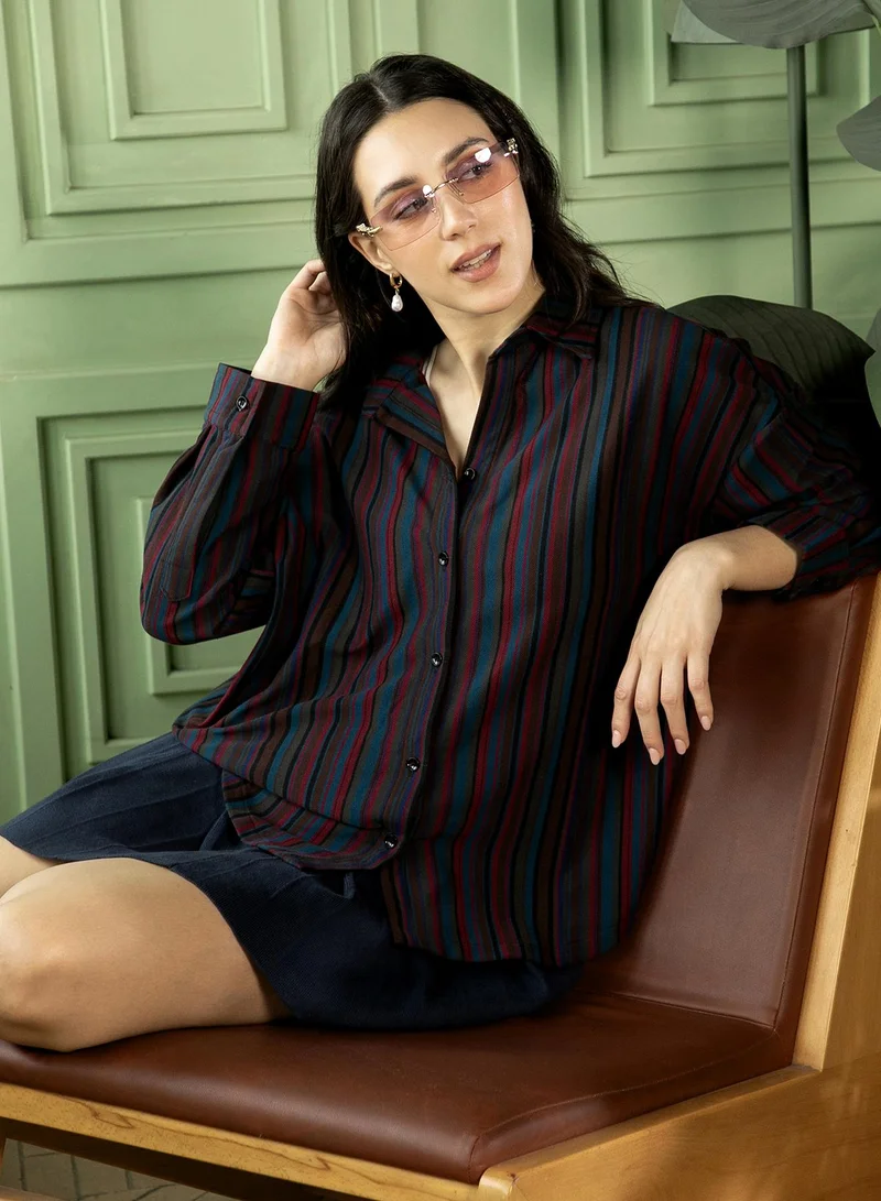 PINACOLADA  Women's Crimson Red:Midnight Blue Jamaican-Striped Oversized Shirt for Women | Best Price UAE