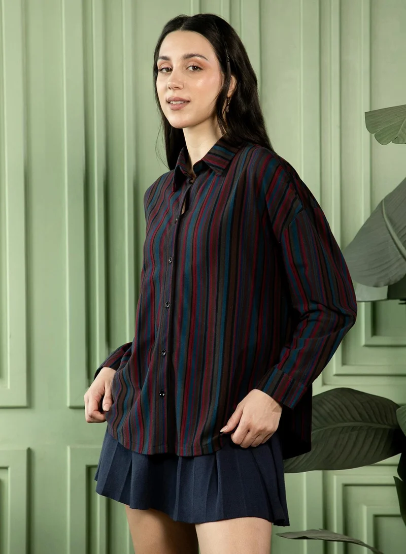 PINACOLADA  Women's Crimson Red:Midnight Blue Jamaican-Striped Oversized Shirt for Women | Best Price UAE