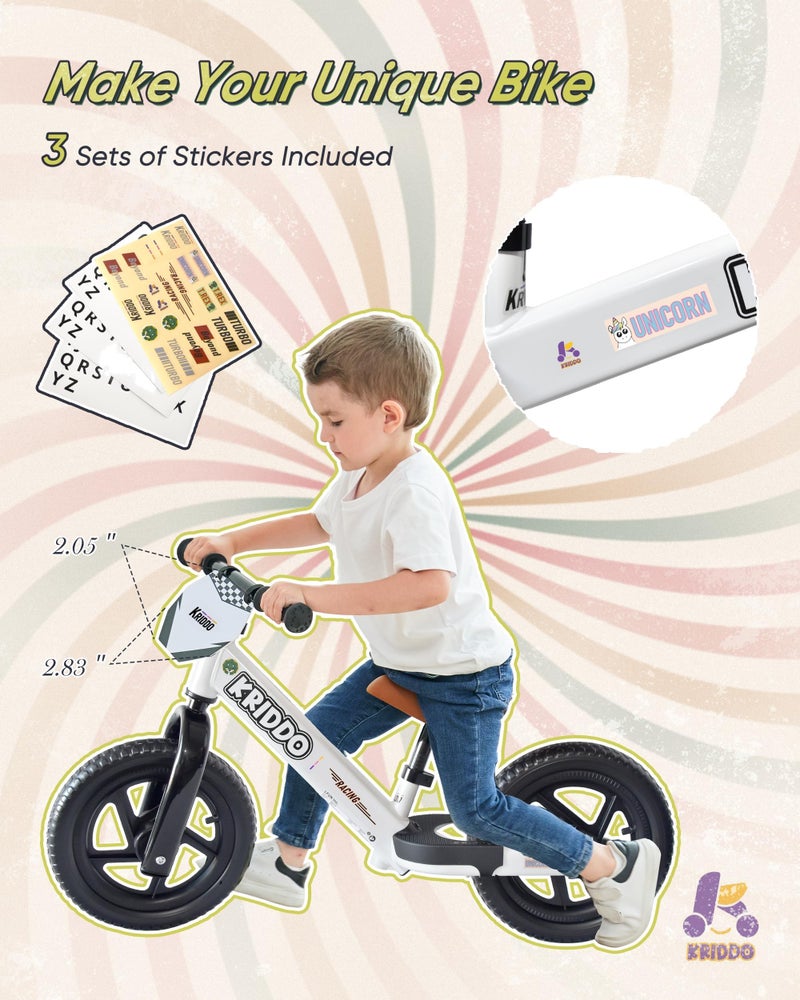 KRIDDO Balance Bike 2 Year Old, Toddler Balance Bike for Kids Aged 2-5, with DIY Colorful Stickers, Non-Slip Sporty Footrest, Racing-Style Frame, Gift for 2-4 Boys and Girls, White - Image 3