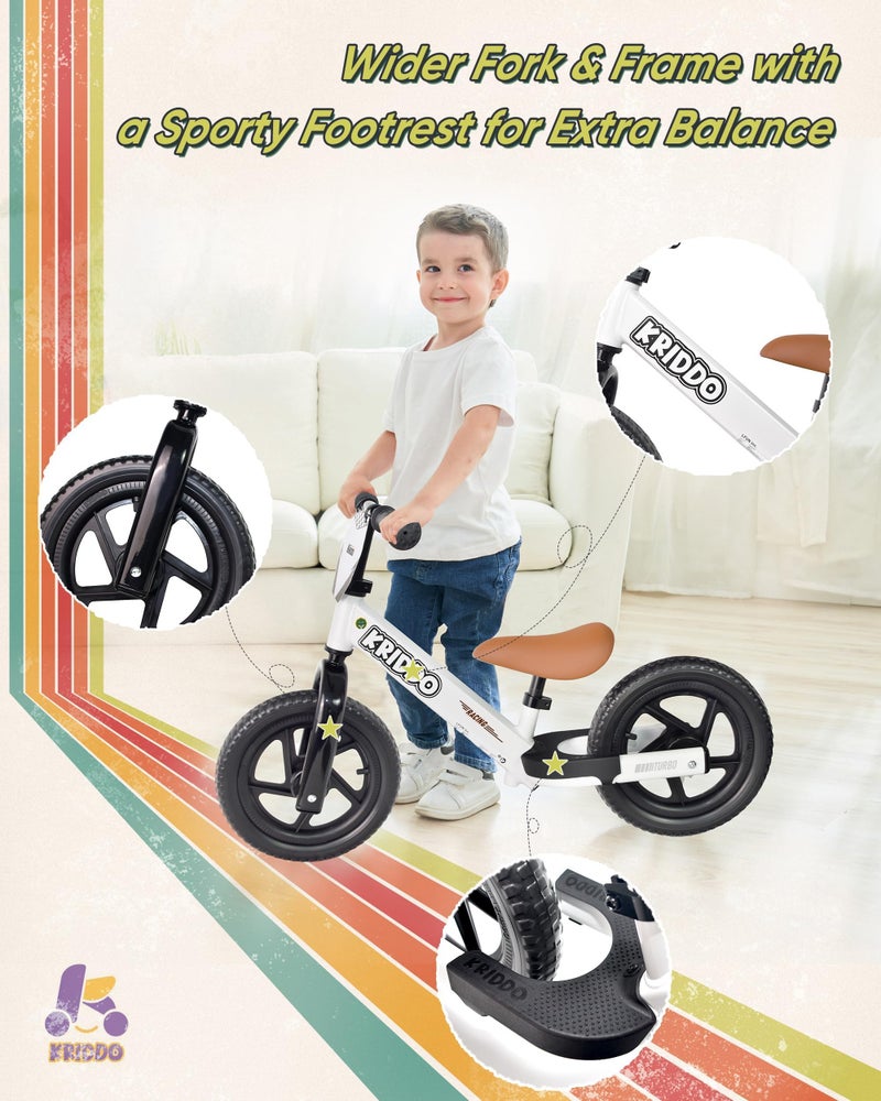 KRIDDO Balance Bike 2 Year Old, Toddler Balance Bike for Kids Aged 2-5, with DIY Colorful Stickers, Non-Slip Sporty Footrest, Racing-Style Frame, Gift for 2-4 Boys and Girls, White - Image 4