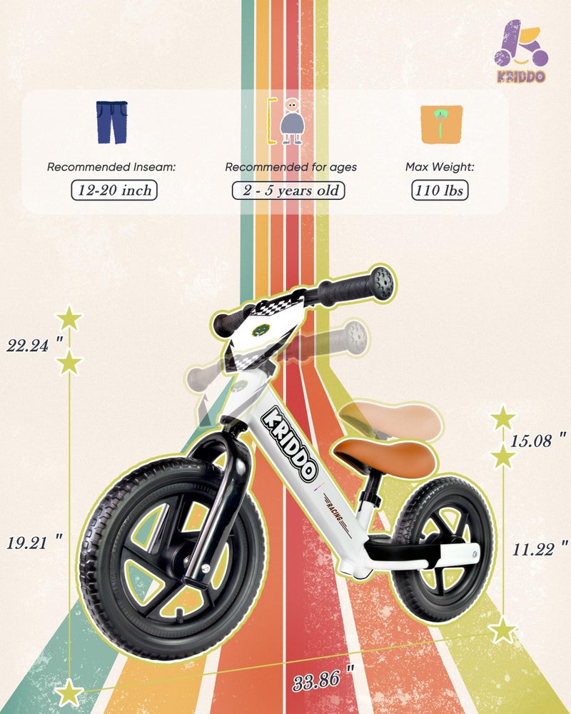 KRIDDO Balance Bike 2 Year Old, Toddler Balance Bike for Kids Aged 2-5, with DIY Colorful Stickers, Non-Slip Sporty Footrest, Racing-Style Frame, Gift for 2-4 Boys and Girls, White - Image 5