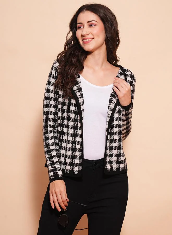 globus Checkered Lapel Collar Cardigan Sweater