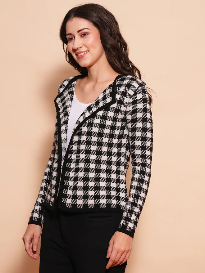 globus Checkered Lapel Collar Cardigan Sweater