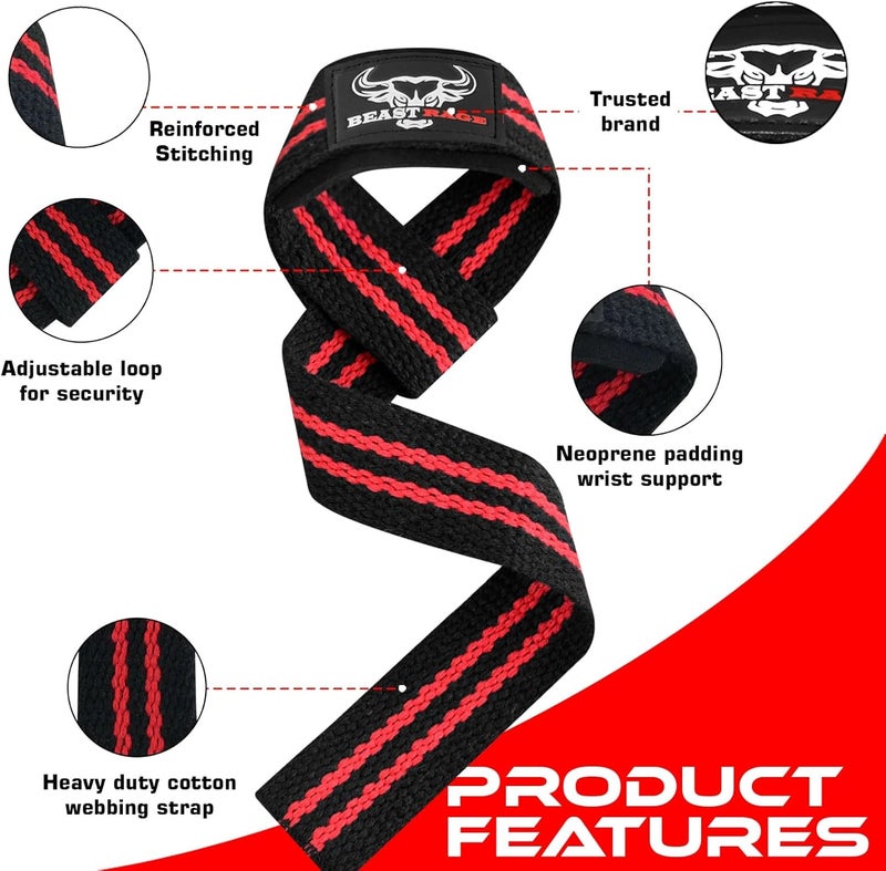 BEAST RAGE Weight Lifting Straps Fitness Padded Cotton Wrist Support Gel Advanced Grips Dumbbell Bar Wraps Heavy Duty Gym Bodybuilding Straps Power Deadlift Barbells Non Slip Exercise - Image 2