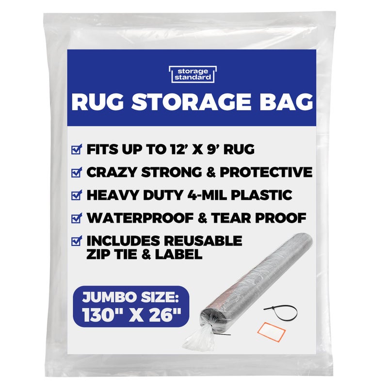 Heavy Duty Rug Storage Bag Reusable Rug Shipping Bag Waterproof Plastic Rug Cover Fits Rolled Carpet Up to 9 x 12 Feet 4 Mil Thick Tear Proof Plastic Storage Bag 1 Clear Bag 130 x 26 Inches